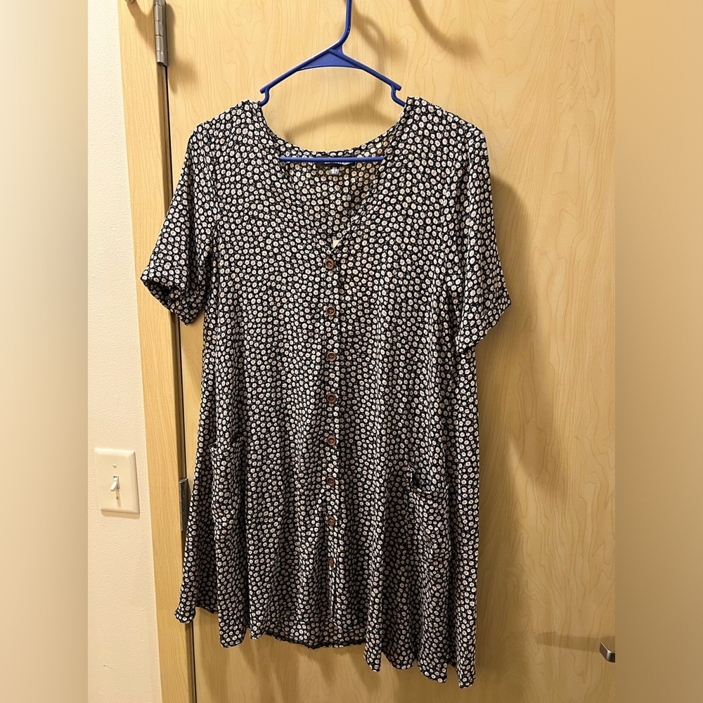 Navy blue with white flowers casual loose fit dress
